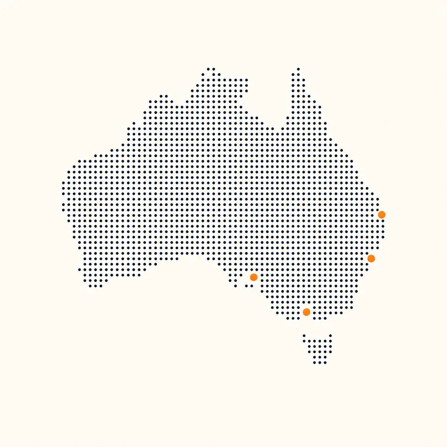 Map of Australia marking Brisbane, Sydney, Melbourne and Adelaide