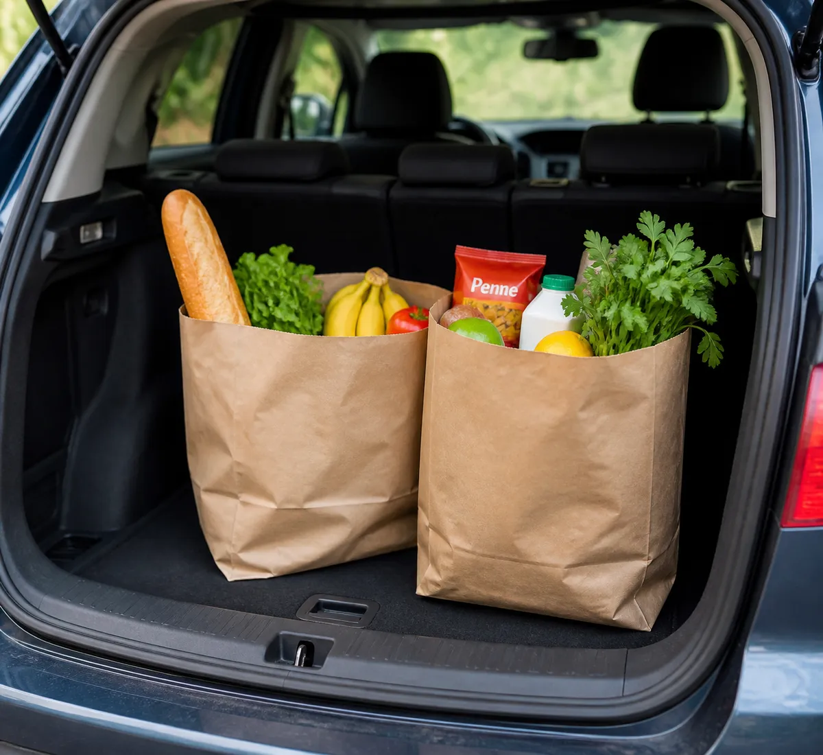 Groceries loaded into the back of a car